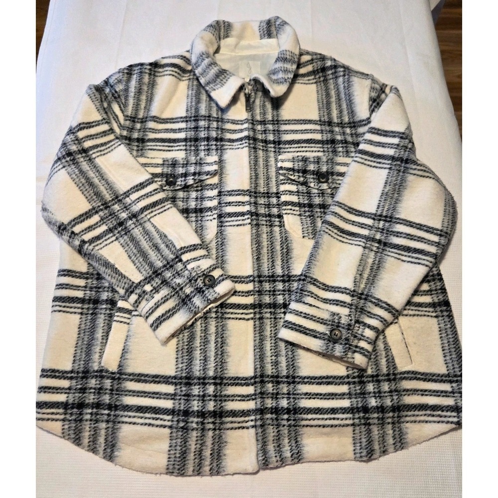 Joie Plaid Zip Up Shacket Womens XL Black White Checkered Shirt Jacket Pocketed